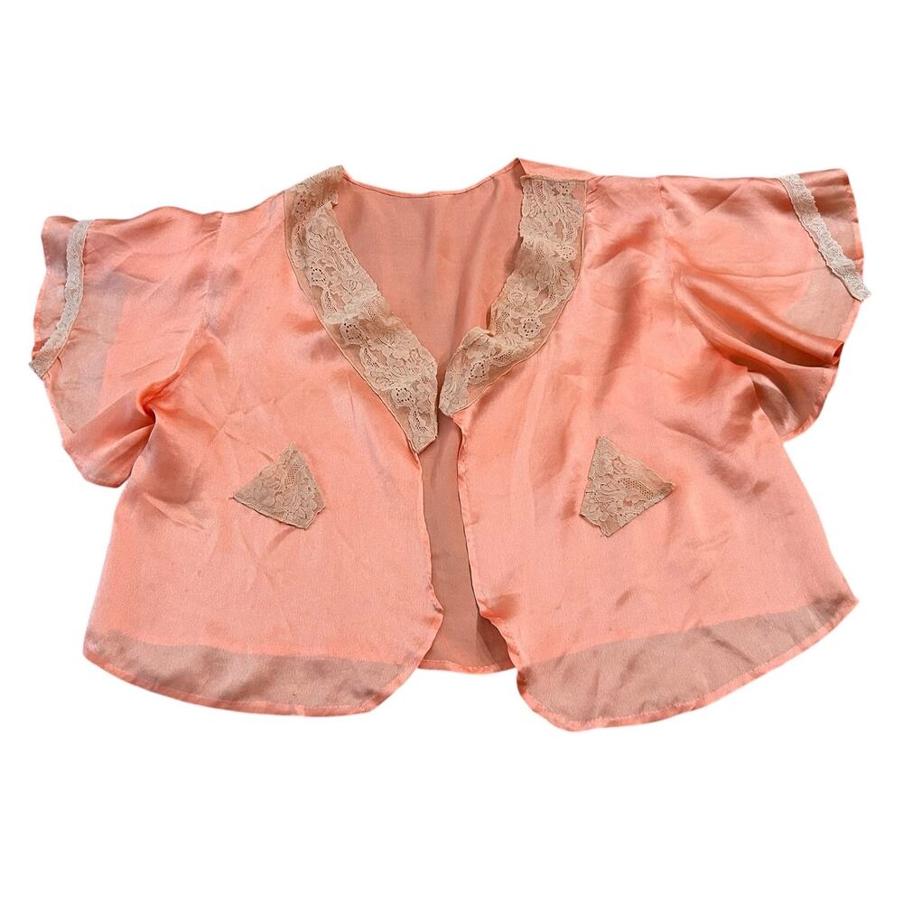 Vintage 30s Pink Silk Lace Bed Jacket Cropped Flutter Sleeve Open Front -